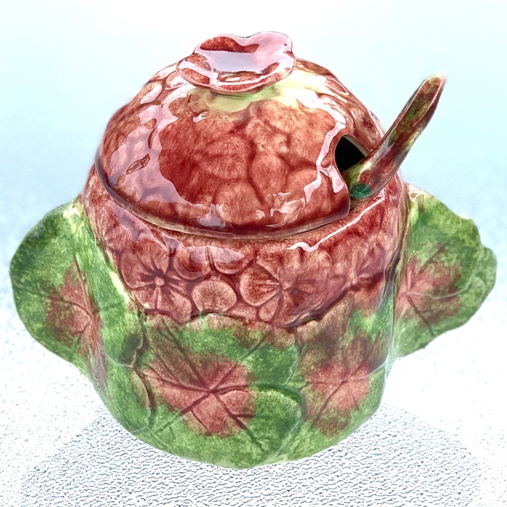 Artistic Ceramic Pink and Green Hydrangea Floral Kitsch Jam Server with Spoon